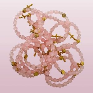 Elegant Pink Beaded Glass Stretch Bracelets with Gold Accents and Cross Charms